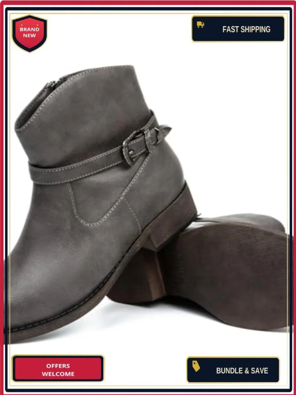 Womens Western Ankle Boots Low Chunky Heel Faux Leather Side Zipper